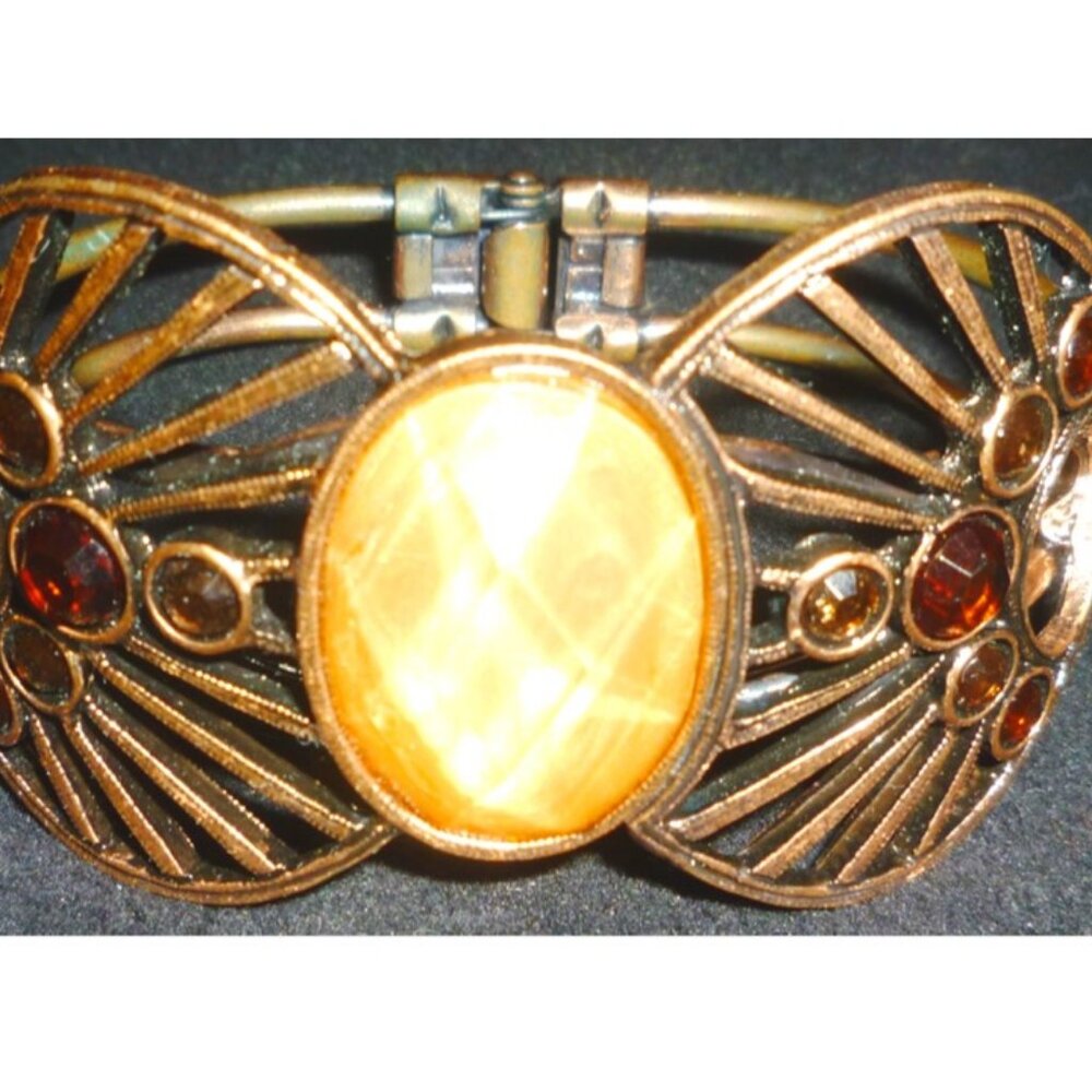 BEAUTIFUL VINTAGE COPPER BRONZE HINGED BRACELET CLAMPER WITH STONES